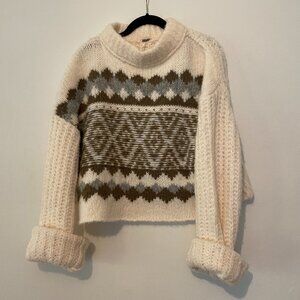 Free People Alpine Pullover Snowy Forest Crop Wool Blend Mock Neck Sweater XS
